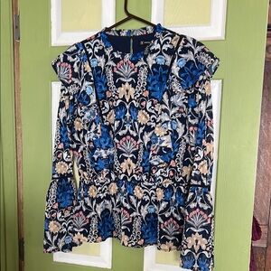 INC International Concepts Ruffled Peplum Blouse in Blue and Tan